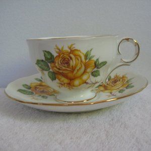 Vintage Adderley Yellow Cabbage Roses Fine Bone China Tea Cup And Saucer